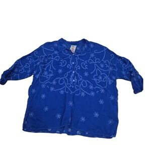 Johnny Was Embroidered Tunic‎ Top Womens Medium Blue Floral Button Down